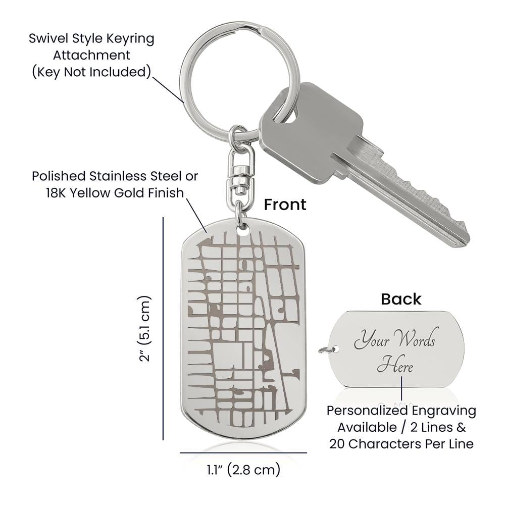 Keychain with swivel attachment and dimensions labeled
