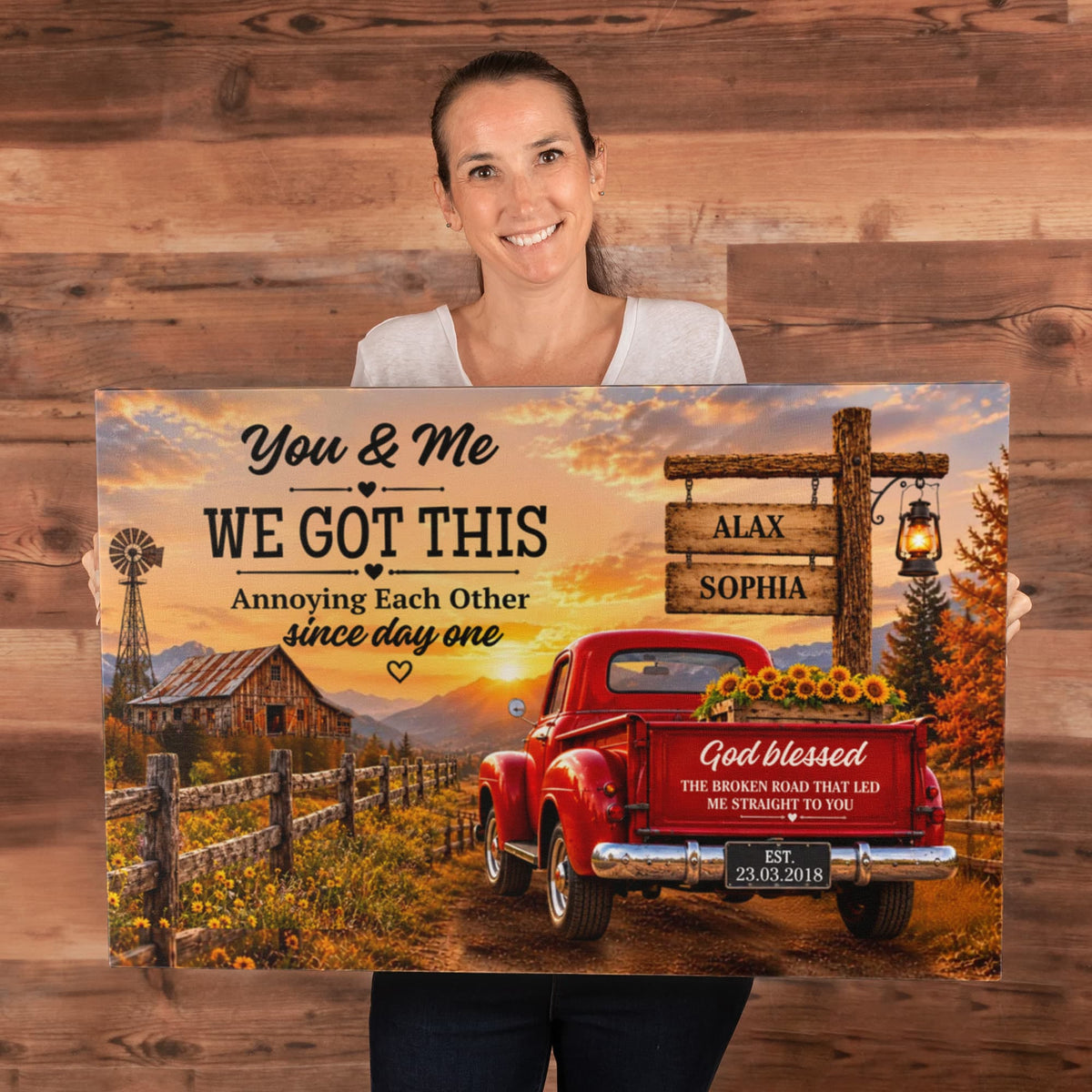 Personalized Couple Canvas, You & Me We Got This Wall Art, God Blessed the Broken Road Rustic Anniversary Gift with Custom Names & Date