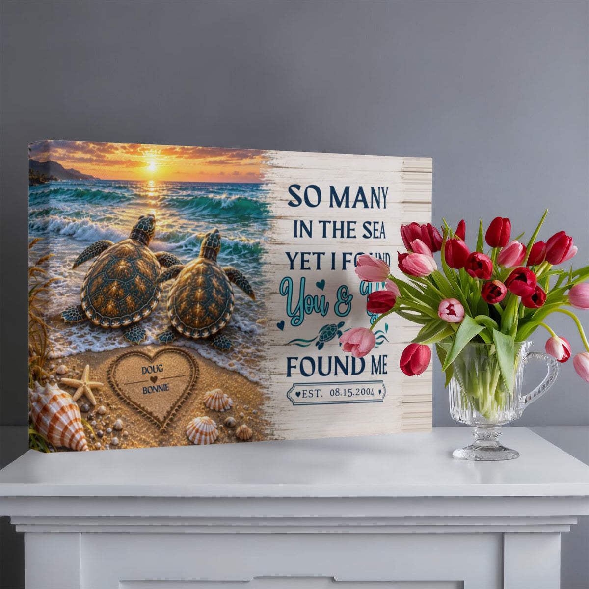 Personalized Turtle Couple Canvas, So Many in the Sea Yet I Found You Wall Art, Custom Names & Date Romantic Anniversary Gift