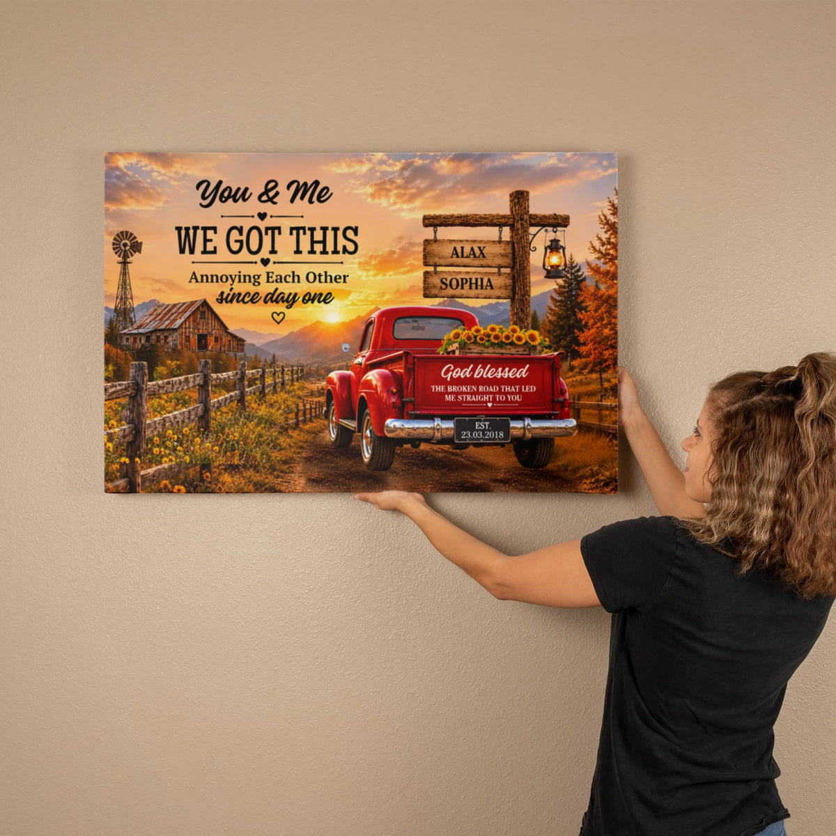 Personalized Couple Canvas, You & Me We Got This Wall Art, God Blessed the Broken Road Rustic Anniversary Gift with Custom Names & Date