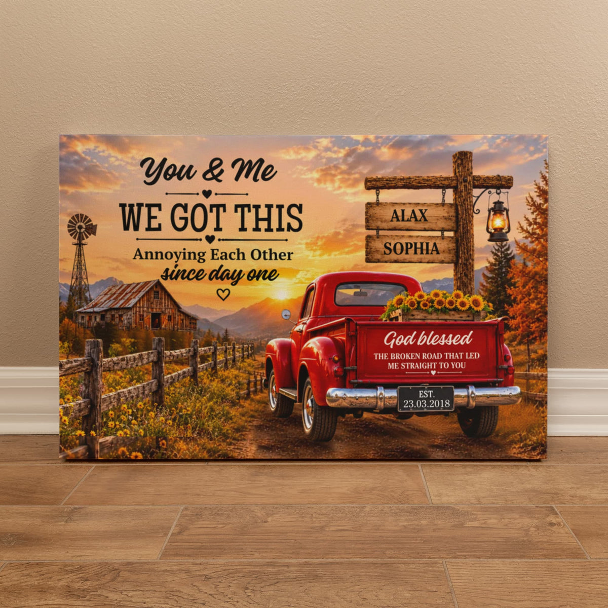 Personalized Couple Canvas, You & Me We Got This Wall Art, God Blessed the Broken Road Rustic Anniversary Gift with Custom Names & Date