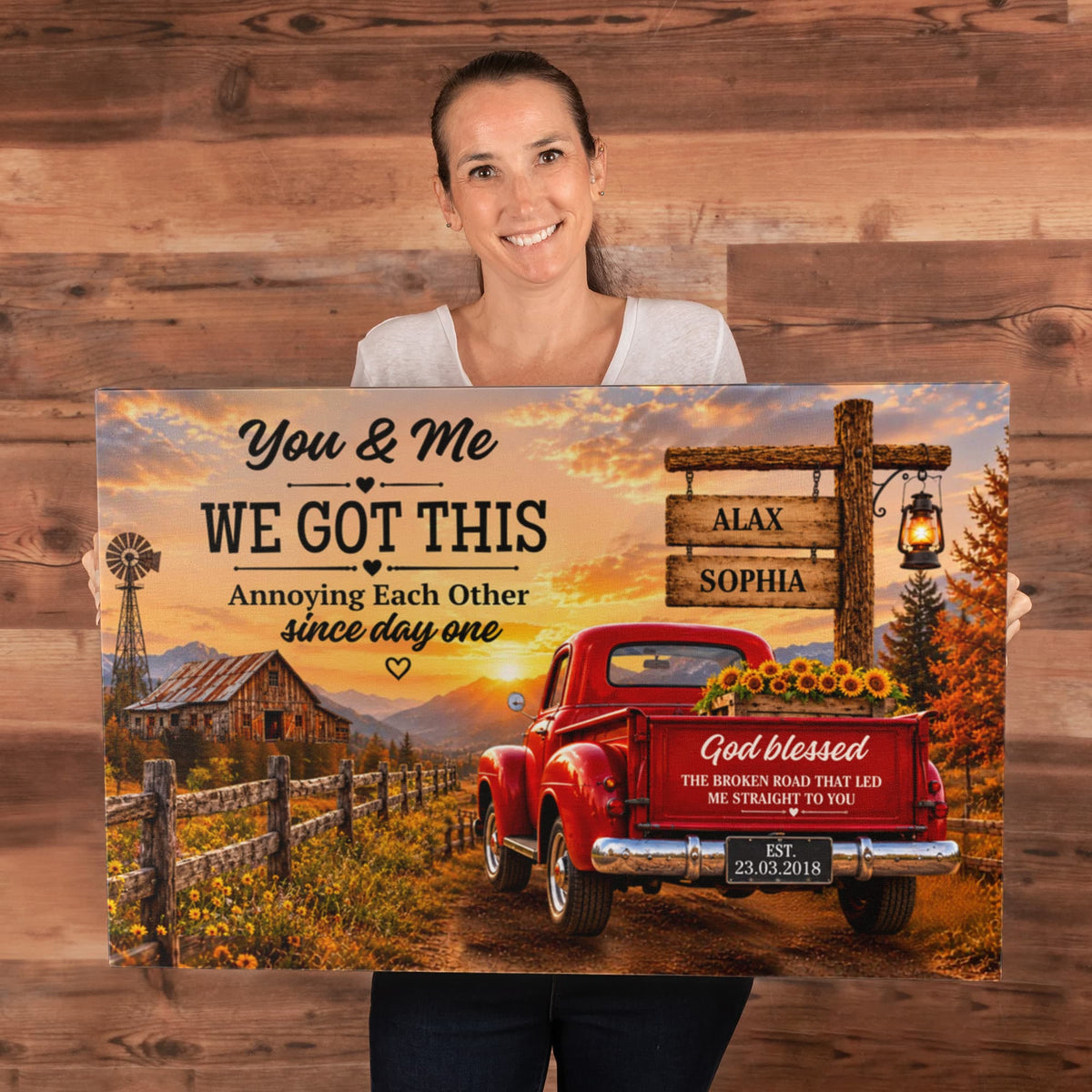 Personalized Couple Canvas, You & Me We Got This Wall Art, God Blessed the Broken Road Rustic Anniversary Gift with Custom Names & Date