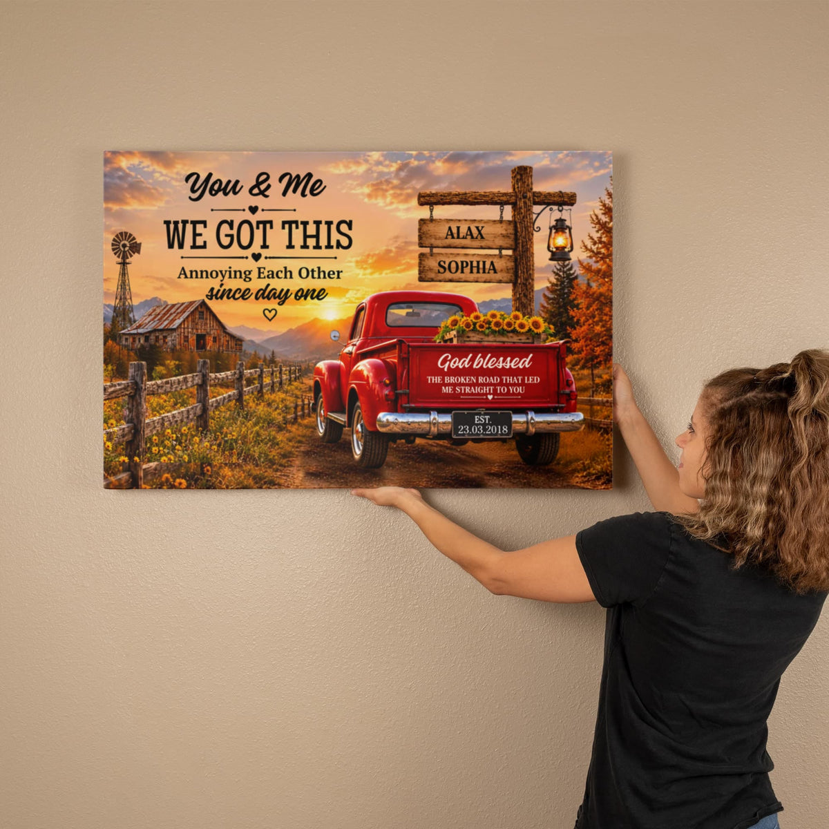 Personalized Couple Canvas, You & Me We Got This Wall Art, God Blessed the Broken Road Rustic Anniversary Gift with Custom Names & Date