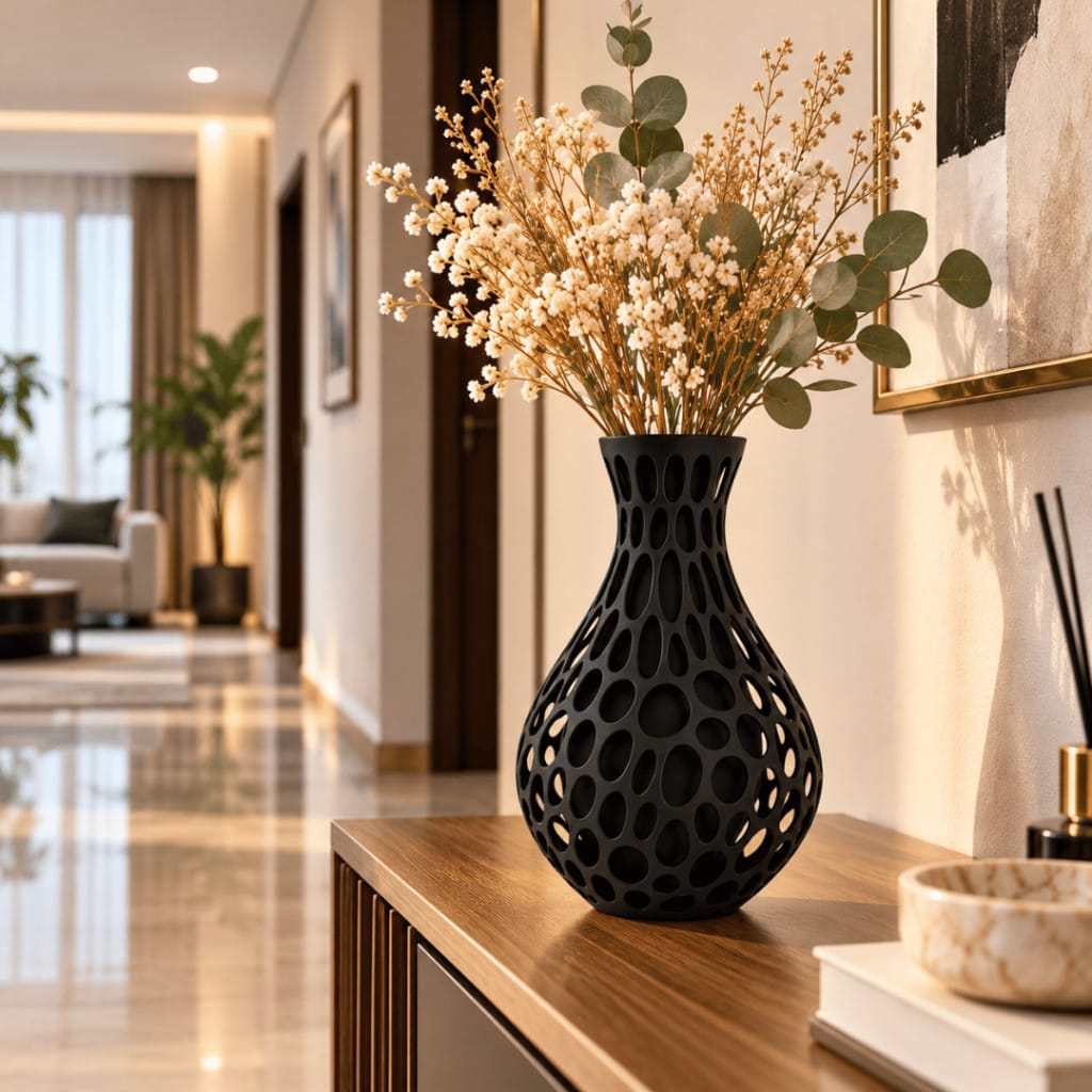 3D Printed Voronoi Vase | Modern Black Decorative Vase | Geometric Hollow Flower Vase | Minimalist Home Décor