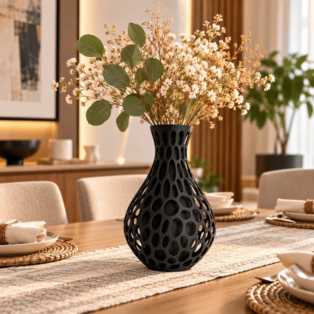 3D Printed Voronoi Vase | Modern Black Decorative Vase | Geometric Hollow Flower Vase | Minimalist Home Décor