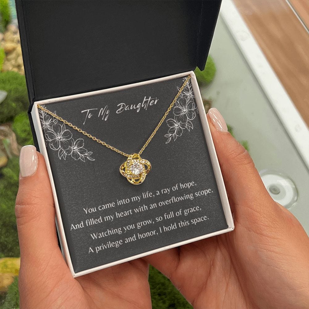 Gift For Daughter, Love Knot Pendant Necklace with Gift Box and Heart Warming Message Card, Made in the USA