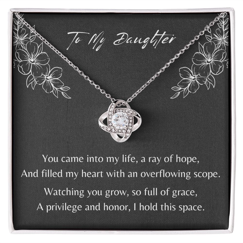 Gift For Daughter, Love Knot Pendant Necklace with Gift Box and Heart Warming Message Card, Made in the USA