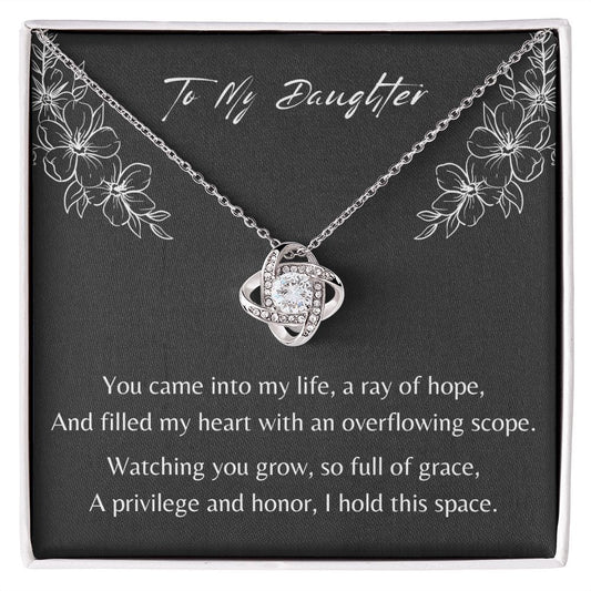 Gift For Daughter, Love Knot Pendant Necklace with Gift Box and Heart Warming Message Card, Made in the USA