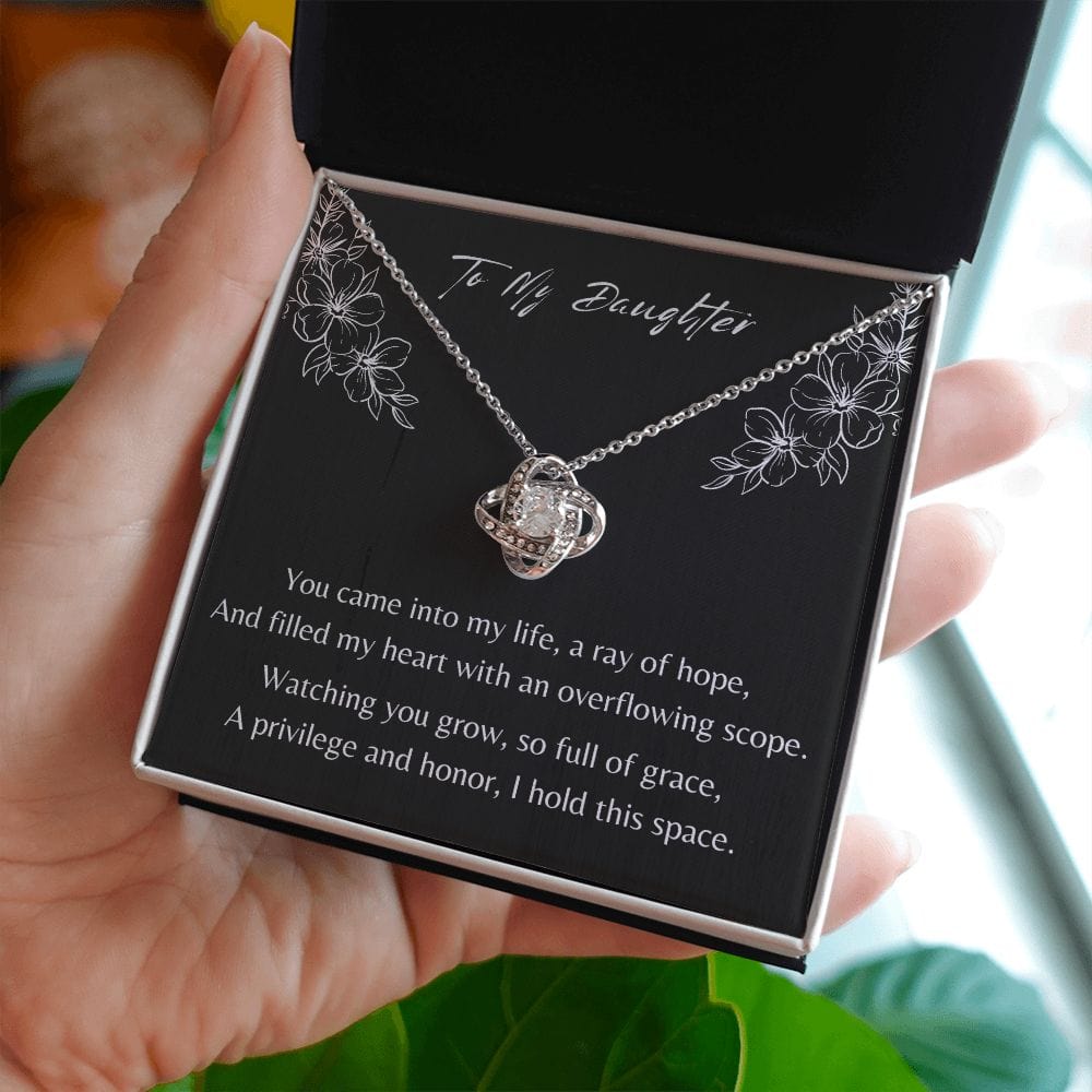 Gift For Daughter, Love Knot Pendant Necklace with Gift Box and Heart Warming Message Card, Made in the USA