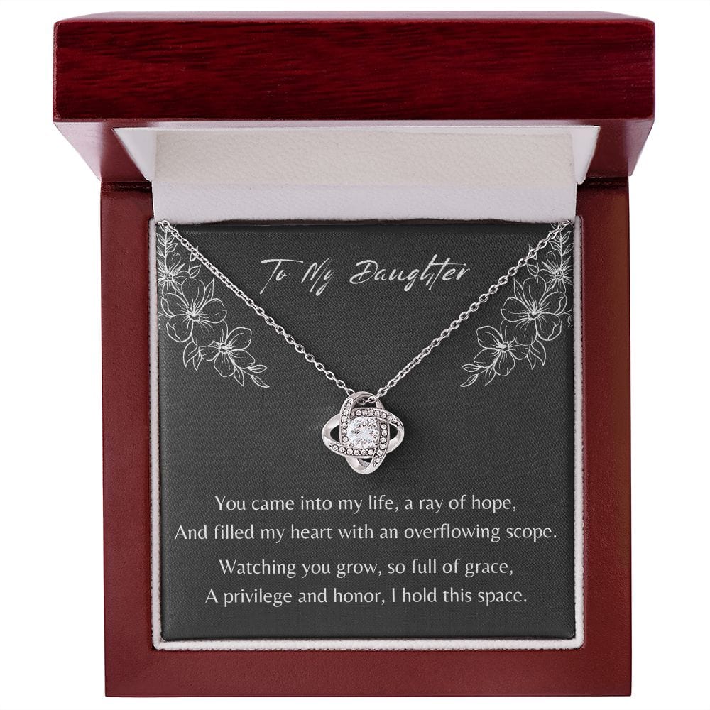 Gift For Daughter, Love Knot Pendant Necklace with Gift Box and Heart Warming Message Card, Made in the USA