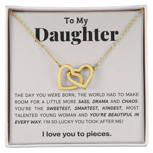 Gift For Daughter, Interlocking Hearts Necklace with Gift Box and Heart Warming Message Card, Made in the USA