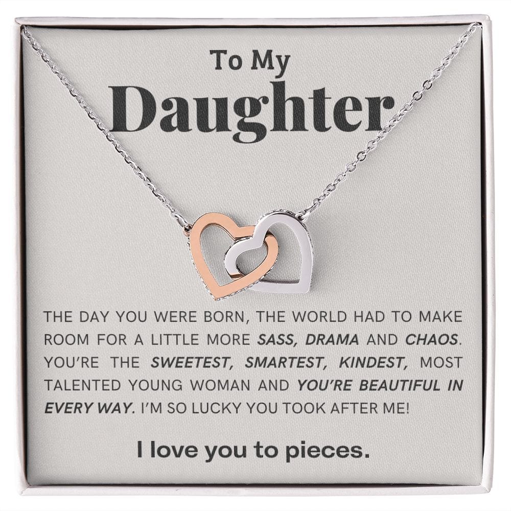 Gift For Daughter, Interlocking Hearts Necklace with Gift Box and Heart Warming Message Card, Made in the USA