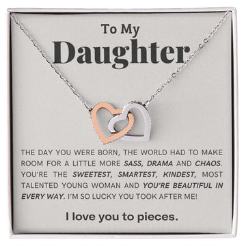Gift For Daughter, Interlocking Hearts Necklace with Gift Box and Heart Warming Message Card, Made in the USA
