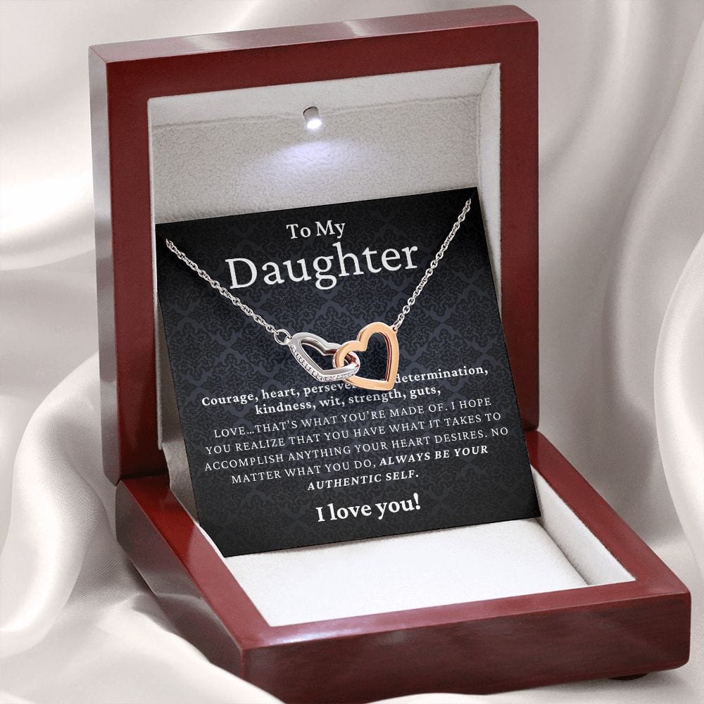 Gift For Daughter, Interlocking Hearts Necklace with Gift Box and Heart Warming Message Card, Made in the USA